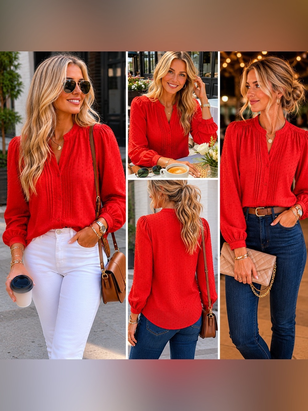 J. Crew Vibrant Red Textured V-Neck Blouse